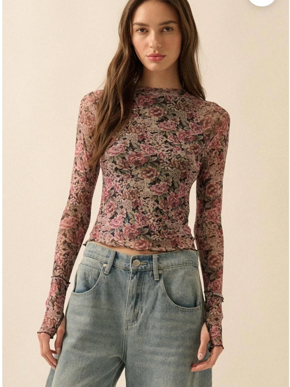 NWT Promesa Floral Mesh Mock-Neck Thumbhole Top Size Medium New